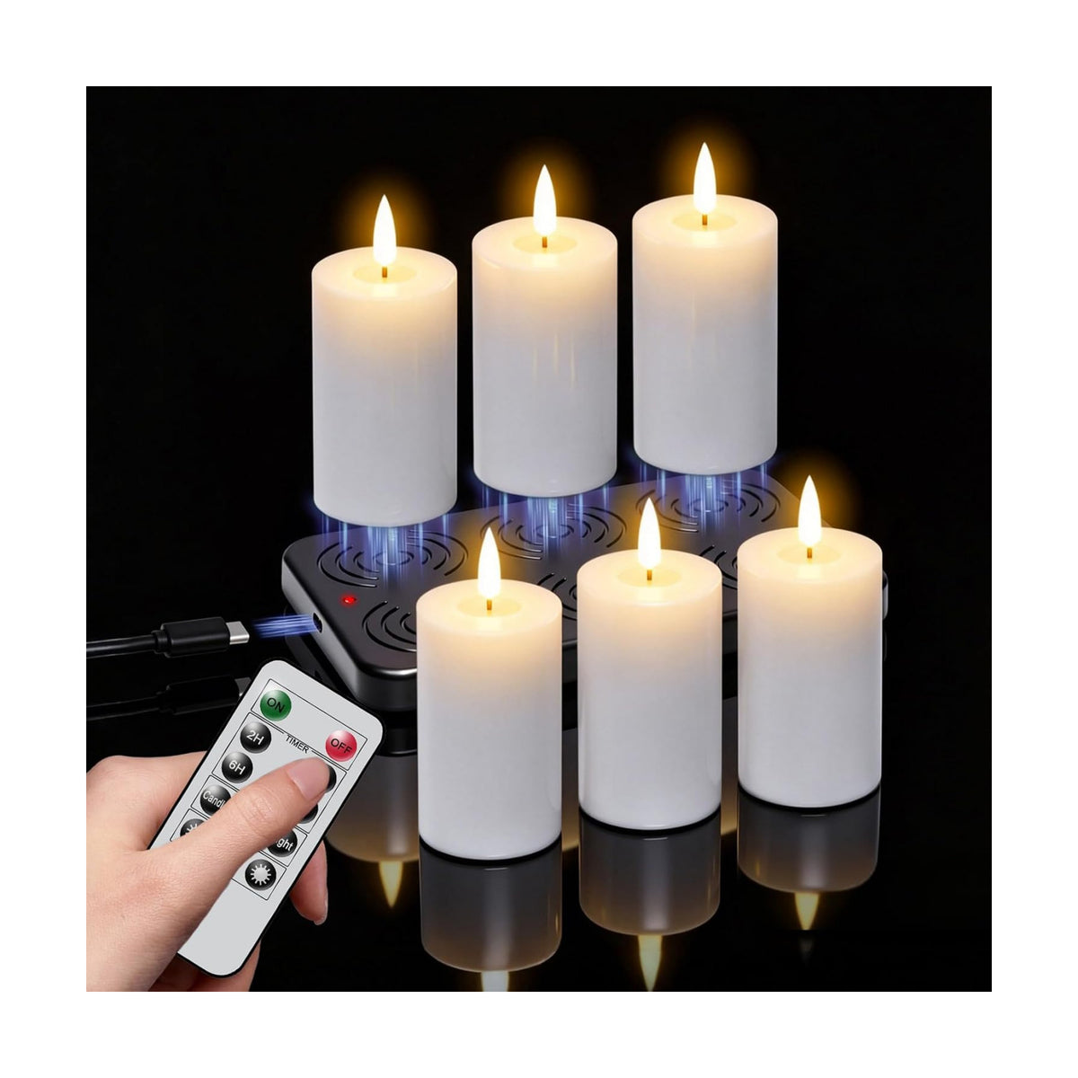 4.5" Rechargeable Flameless LED Pillar Candles with 10-Key Remote and Timer, 6 Pack White Real Wax 3D Wick Flickeing