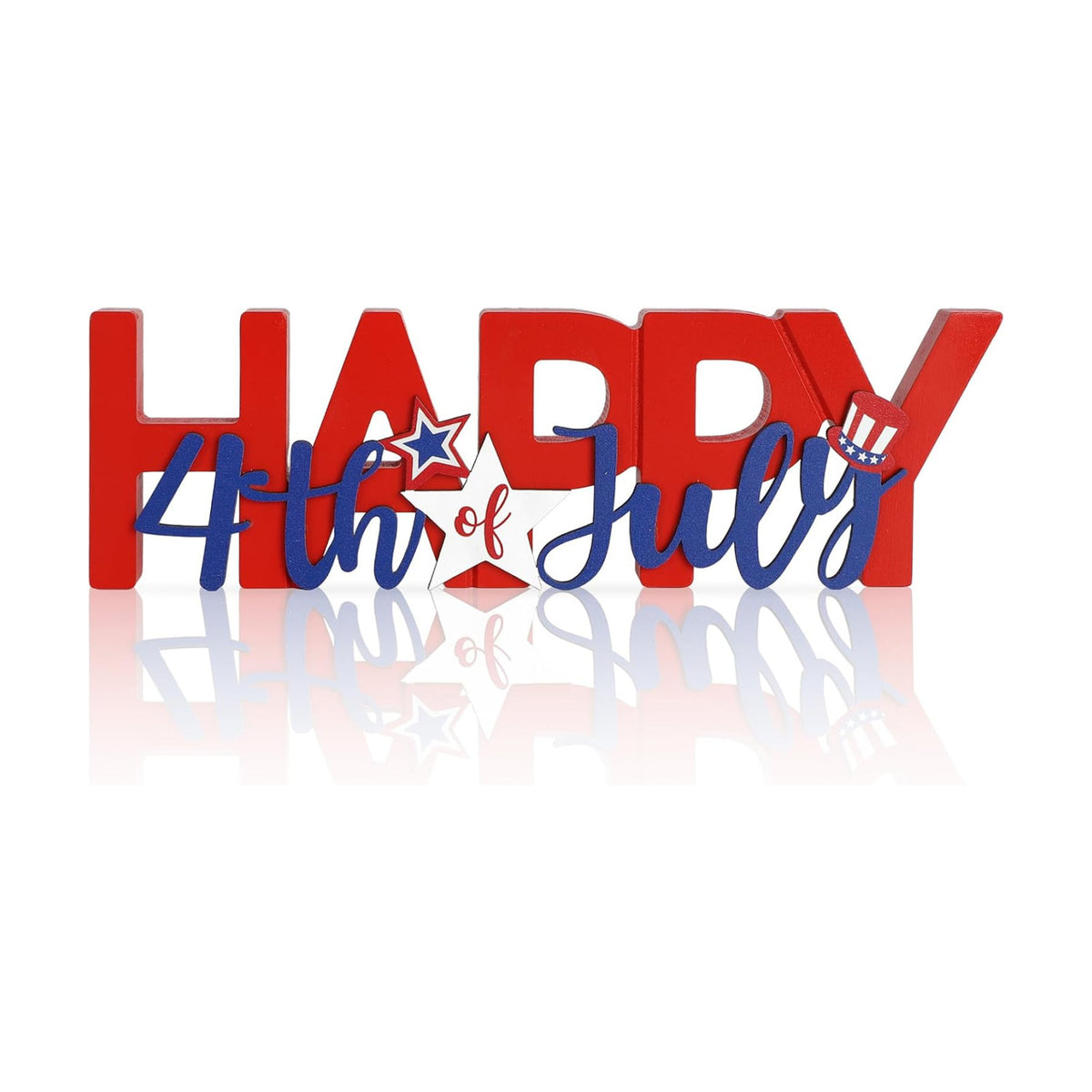 COCHIE Wooden Happy 4th of July Sign, Fourth of July Decorations for Home, Office, Shelf, Mantel, Indoor, Wood Patriotic Decor, Red Blue and White Table Top Centerpiece Party Decoration (Patriotic)