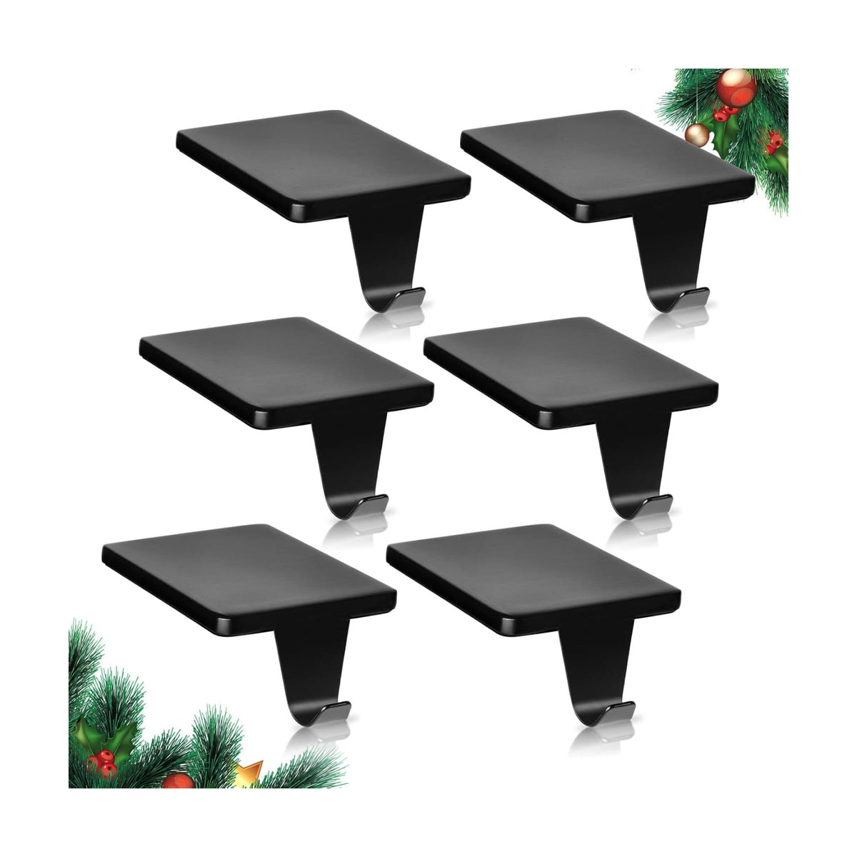 HMASYO Christmas Stocking Holders for Mantle Set of 6, Black Heavy Duty Iron Stocking Hangers Base, Low Profile Weighted Stocking Holder Hooks for Fireplace Tabletop Shelf Christmas Decoration