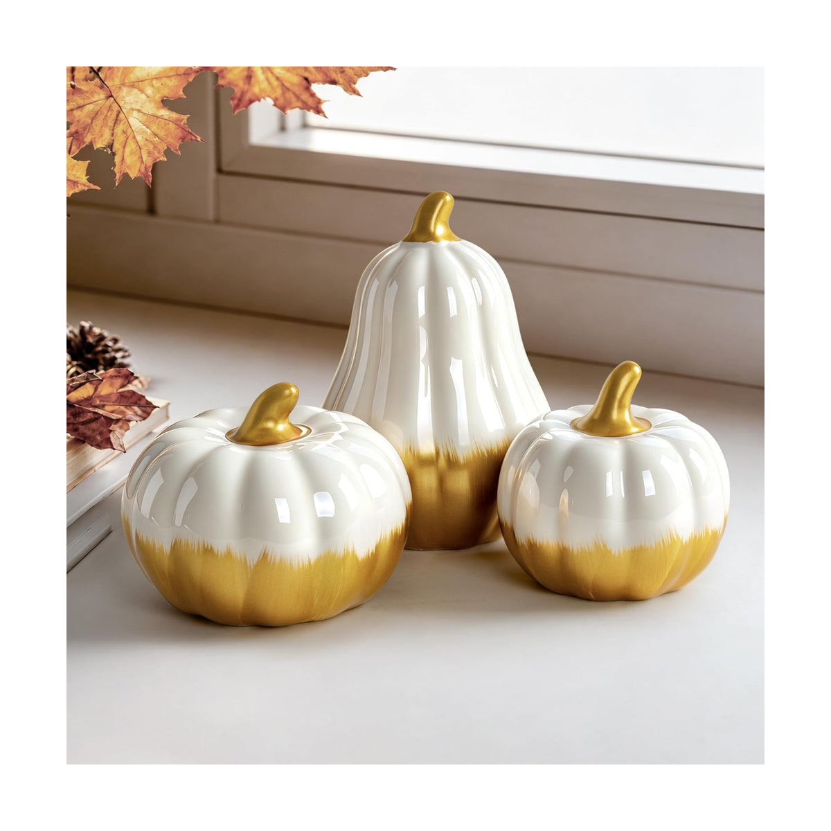 AELS Ceramic Pumpkins Fall Decor Set of 3, White Gold Tabletop Decorations