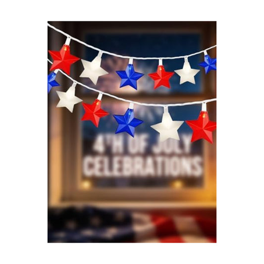 20-Light Patriotic Star String Lights, Red White and Blue LED Star Lights
