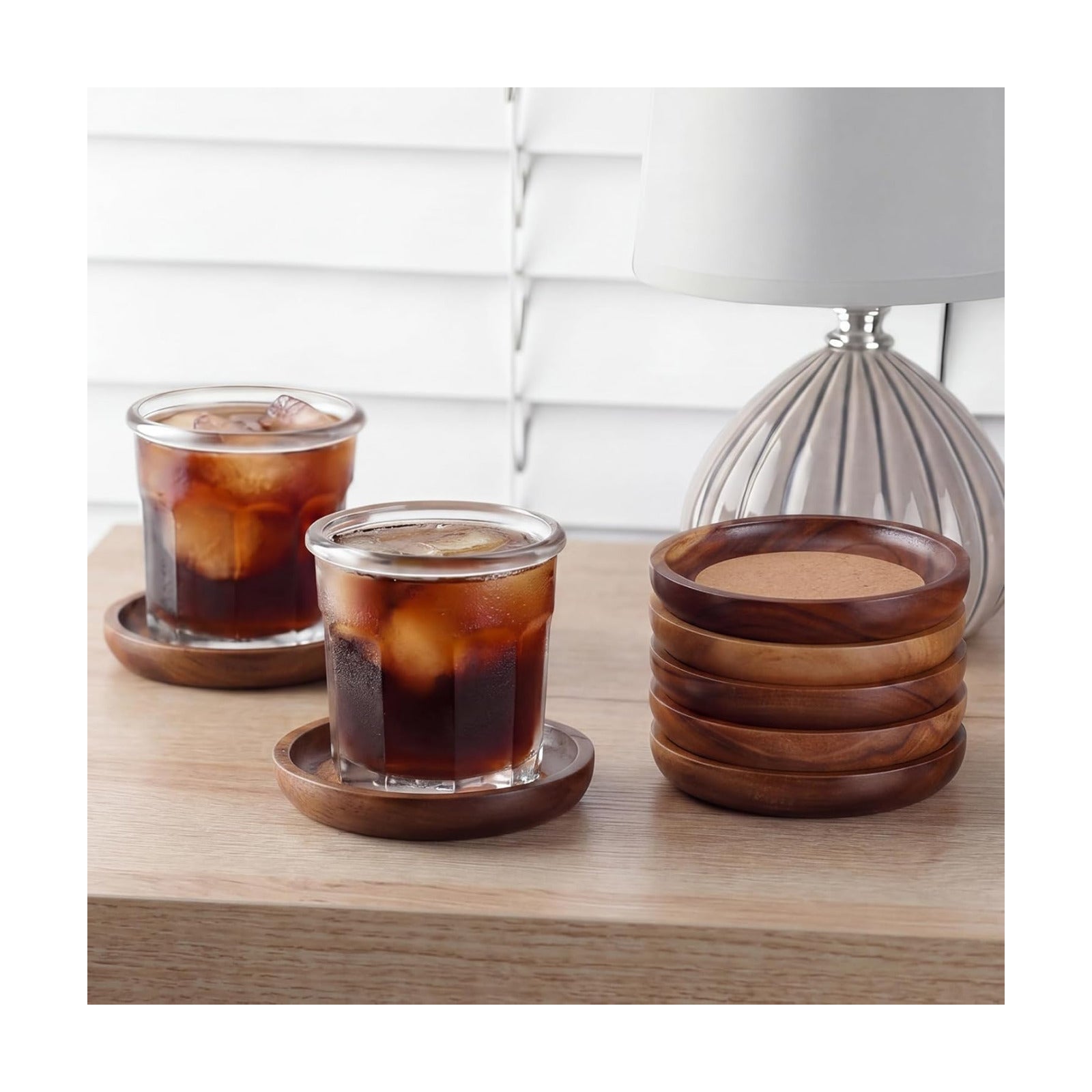 Acacia Wood Cork Coasters for Drinks Stackable Wooden Coasters Absorbent / 4 Inch / Set of 6