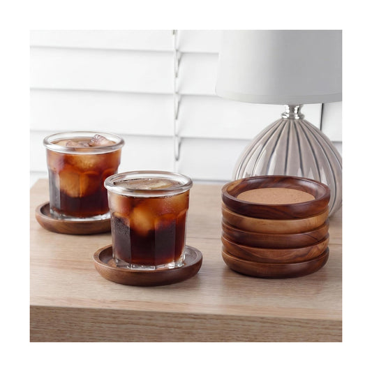 Acacia Wood Cork Coasters for Drinks Stackable Wooden Coasters Absorbent / 4 Inch / Set of 6