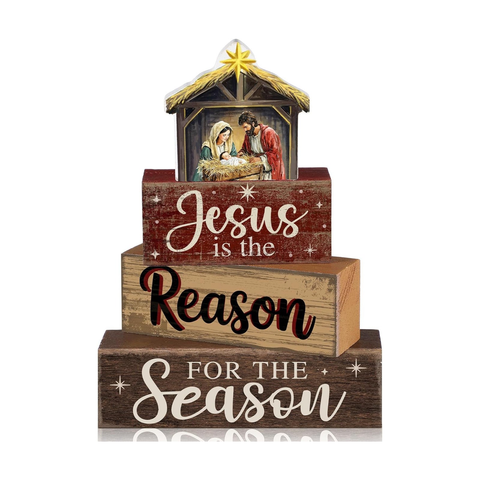 Moucuny 4 Pcs Christmas Table Decor Christian Nativity Scene Wooden Blocks