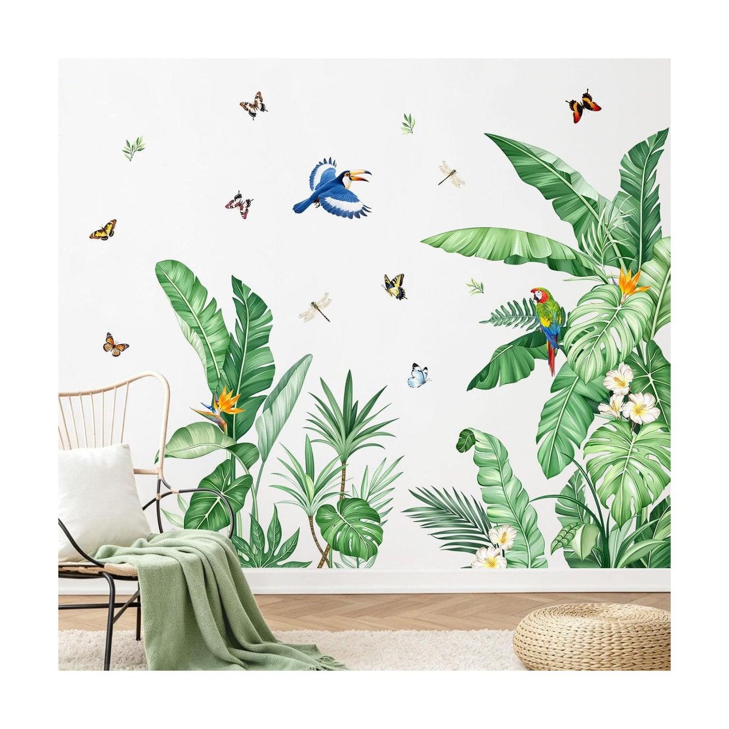 Tropical Palm Leaves Wall Decals Nature Jungle Leaf Plants Birds Wall Art Stickers / Green