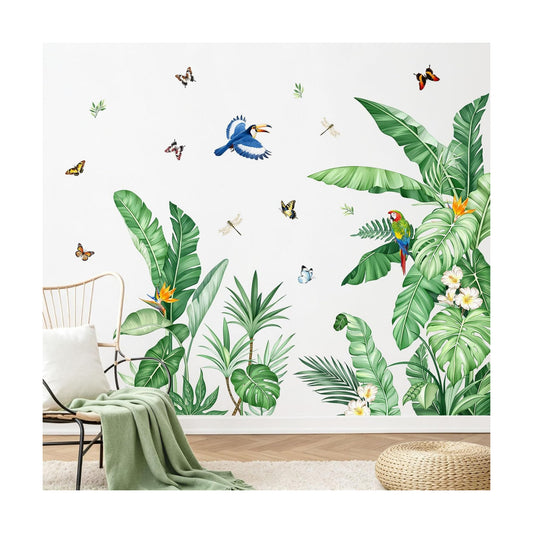 Tropical Palm Leaves Wall Decals Nature Jungle Leaf Plants Birds Wall Art Stickers / Green
