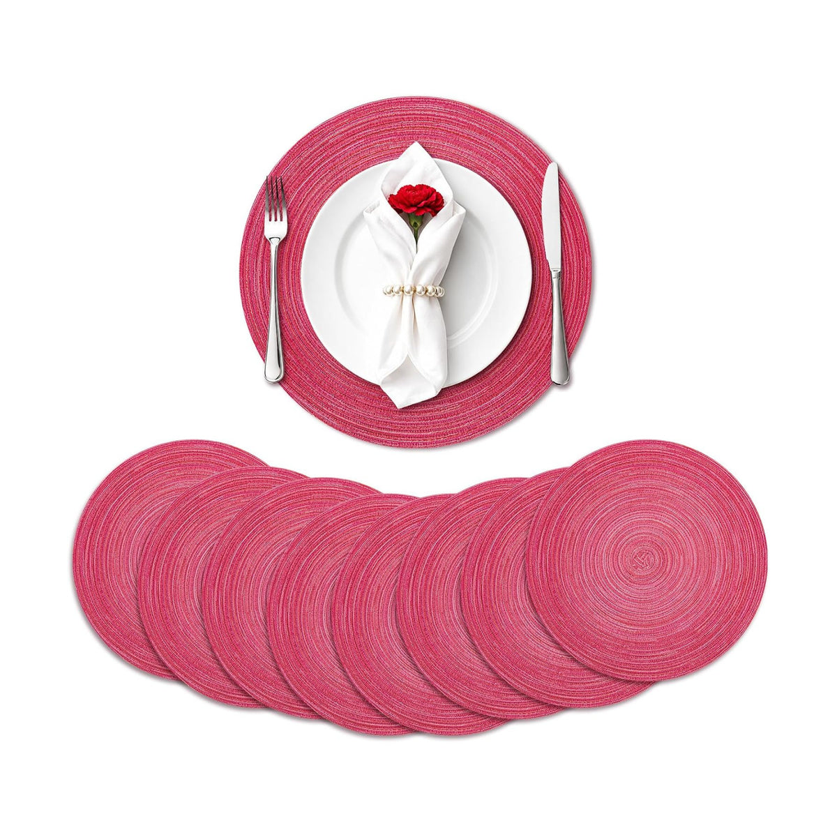 TaroKitc 15 in Round Placemats Set of 8, Washable Woven Placemats Heat Resistant Cotton Polyester Braided Table Mat