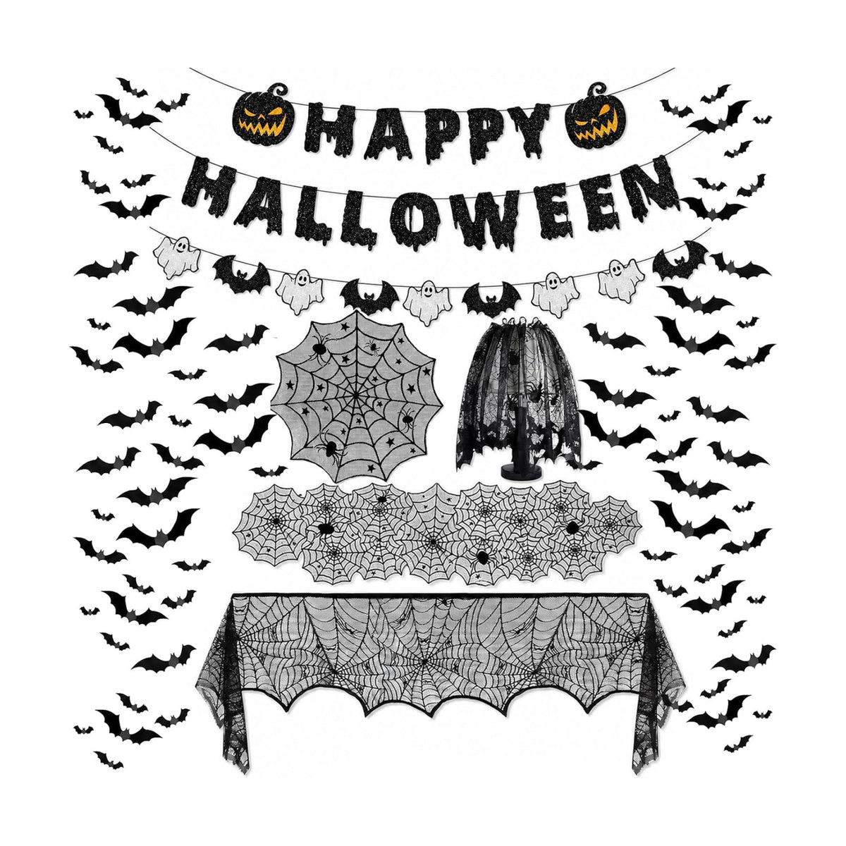 8Pack Halloween Decorations Indoor Halloween Decor, Spider Web Table Cloth/Black Lace Table Runner, Fireplace Mantel Scarf, Cobweb Lampshade with 3D Bat Wall Stickers, Halloween Spooky Home Decor.