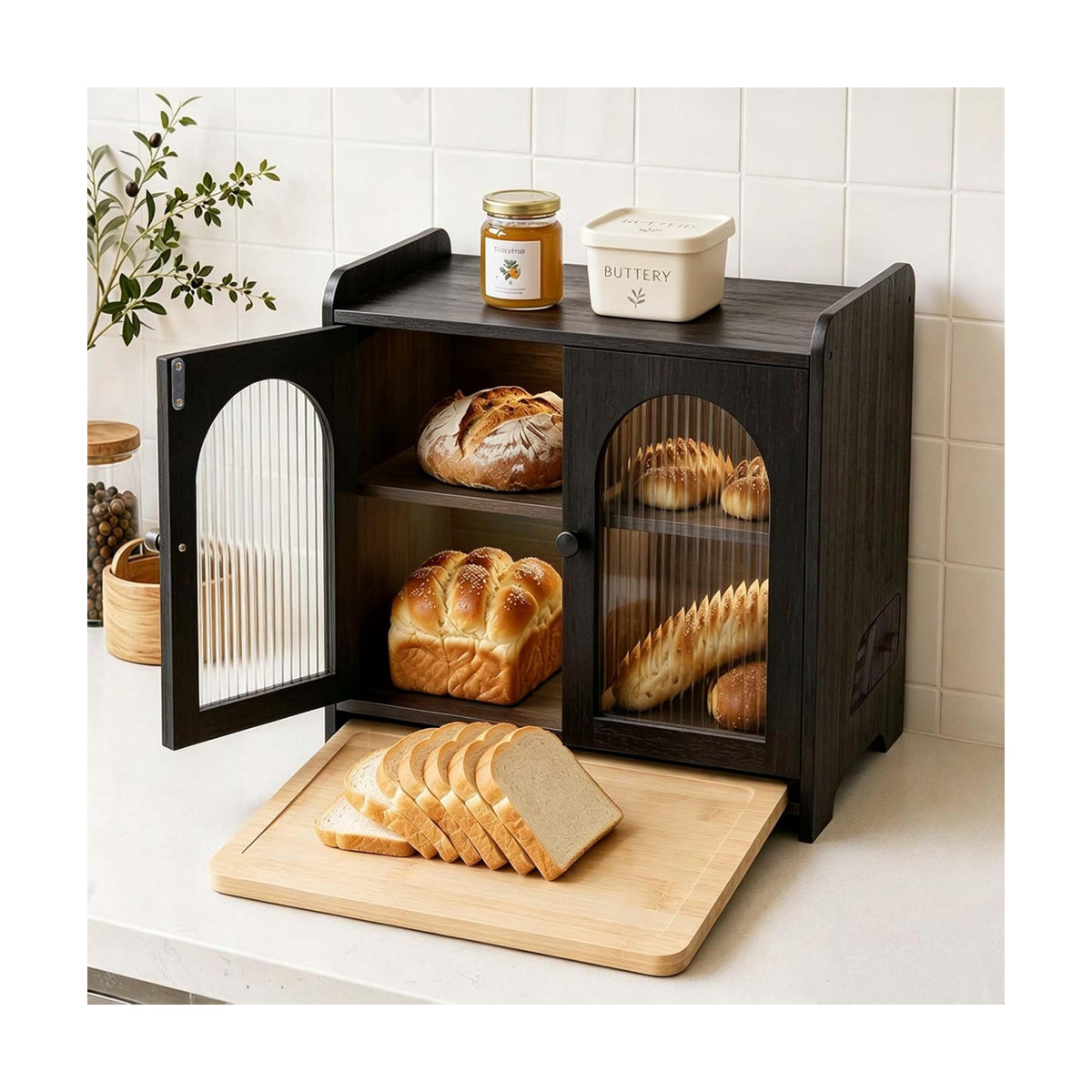 Bread Box for Kitchen Countertop, Large Double Layer Wooden Bread Storage Container with Acrylic Window, Adjustable Air
