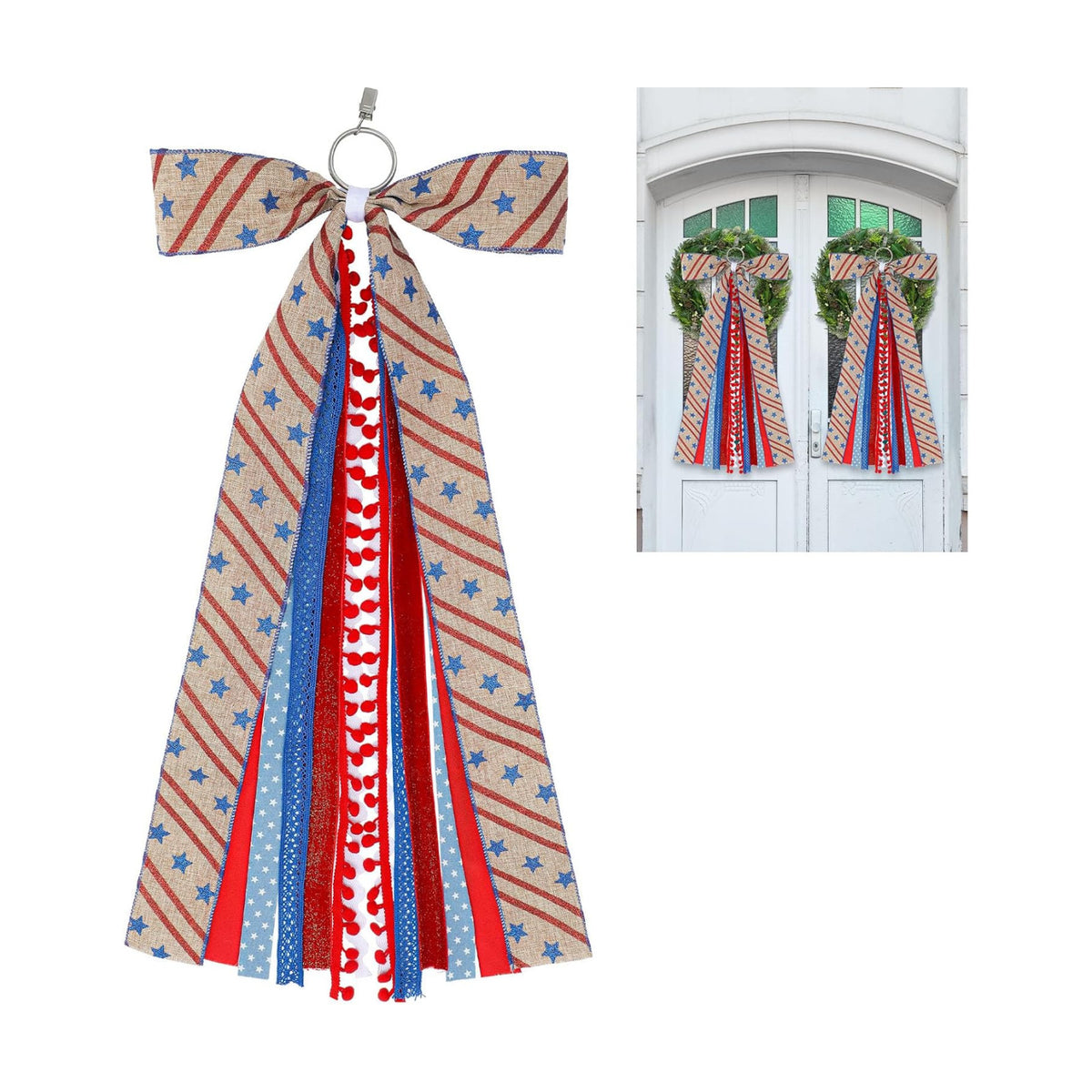 Suncalla 2 Pcs Patriotic Star Ribbon Bow for Wreath Sash for Front Door