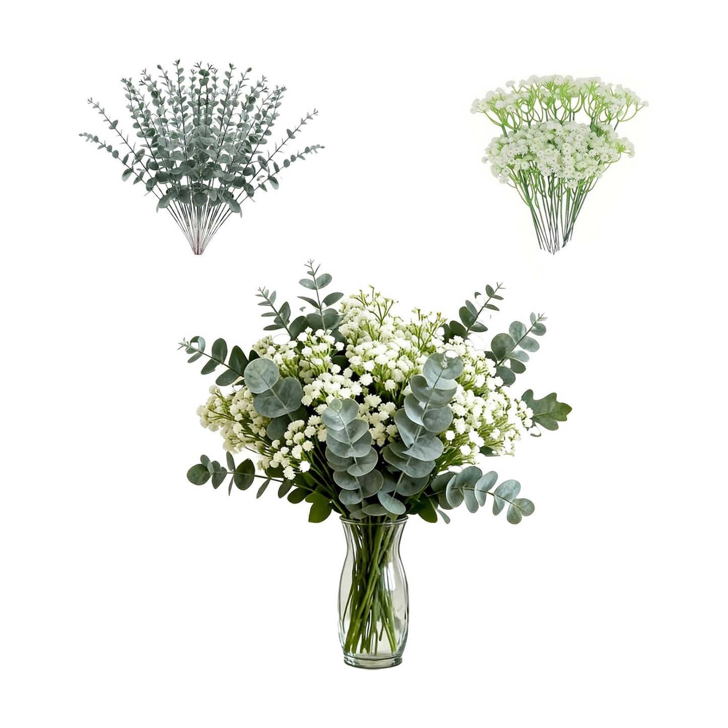 Vase Fillers / Artificial Mixed Eucalyptus Stems Leaves Bulk / Green and White / Set of 30