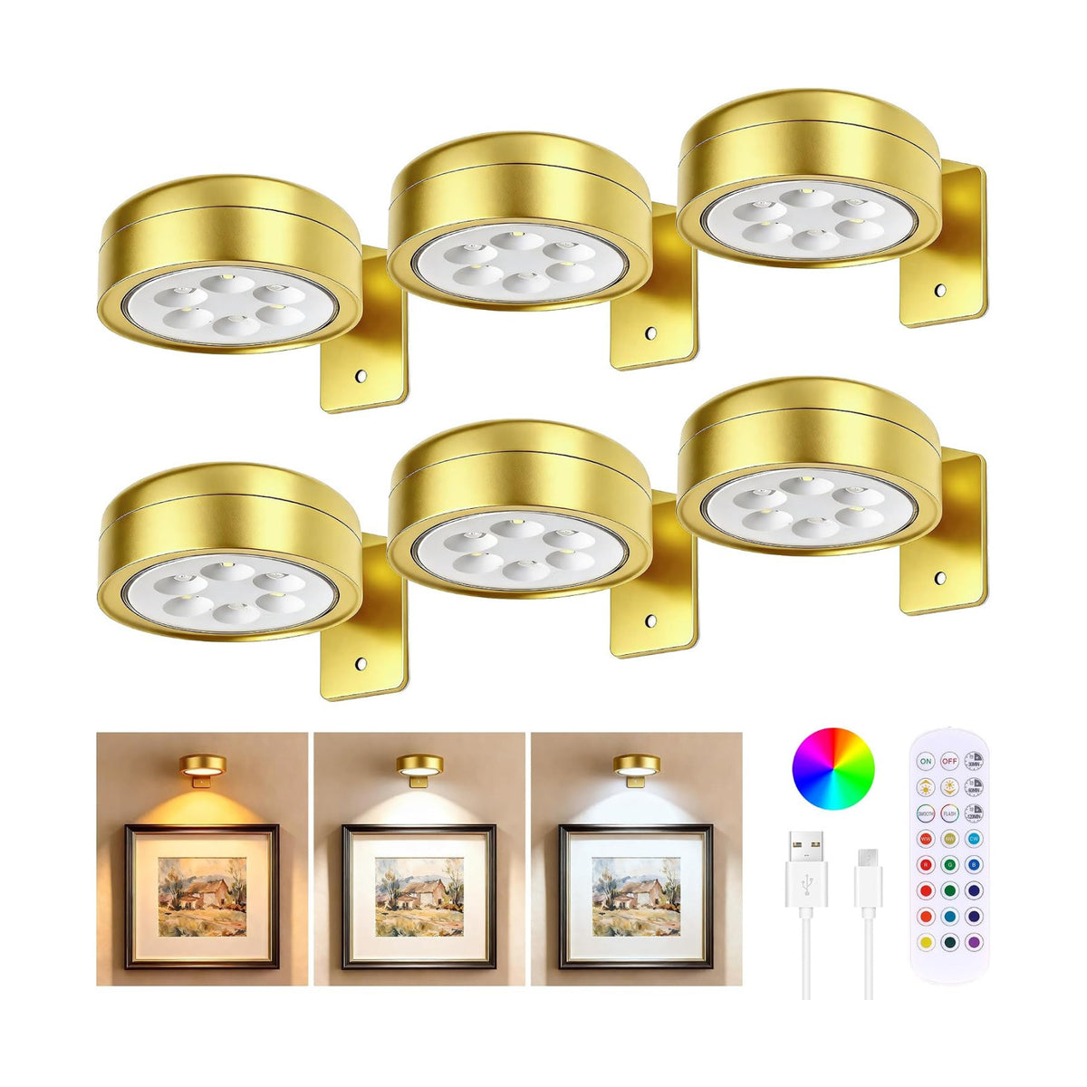 6-Pack Picture Lights for Wall, Rechargeable Cordless Poster Lights, Gold | LED Magnetic Painting Lights with