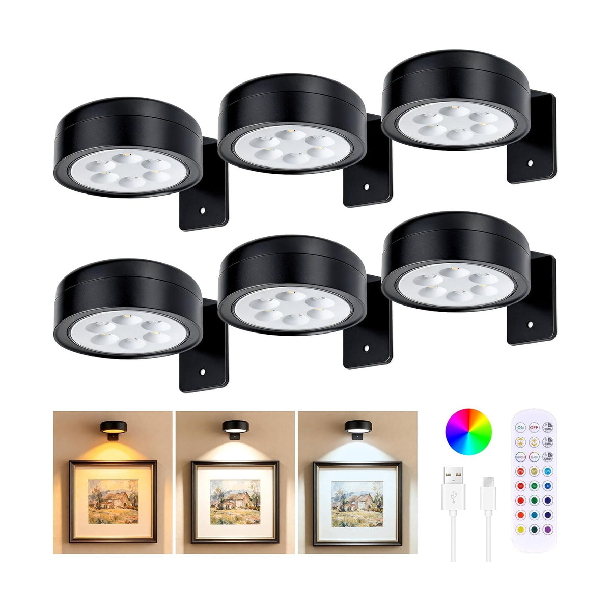 6-Pack Picture Lights for Wall, Rechargeable Wireless Poster Lights, Black | LED Magnetic Painting Lights with