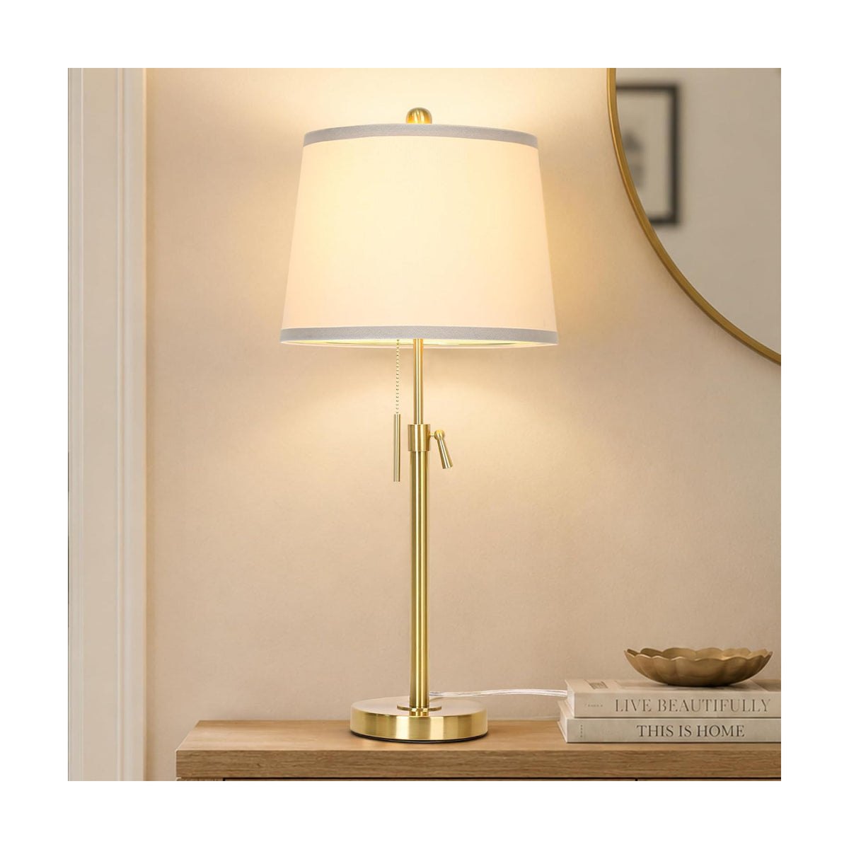 Modern Gold table Lamp 22" to 30"Adjustable Height 3 Brightness Way Brass Nightstand with White Linen Shade Pull Chain