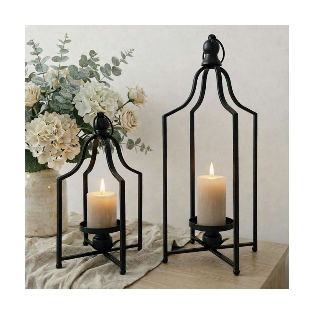 12.5" & 16.5" Timeless Cozy Decorative Lanterns Set of 2, Handcrafted Metal Iron Candle Holders, Farmhouse Elegance