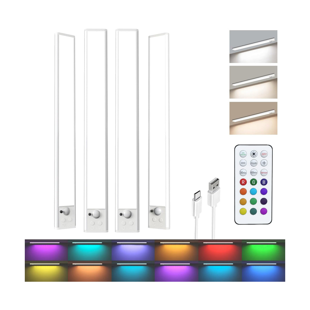 Motion Sensor Under Cabinet Lighting, RGB Light Bar with Remote,4Pack | 1500mAh Rechargeable, 15 Colors Dimmable LED