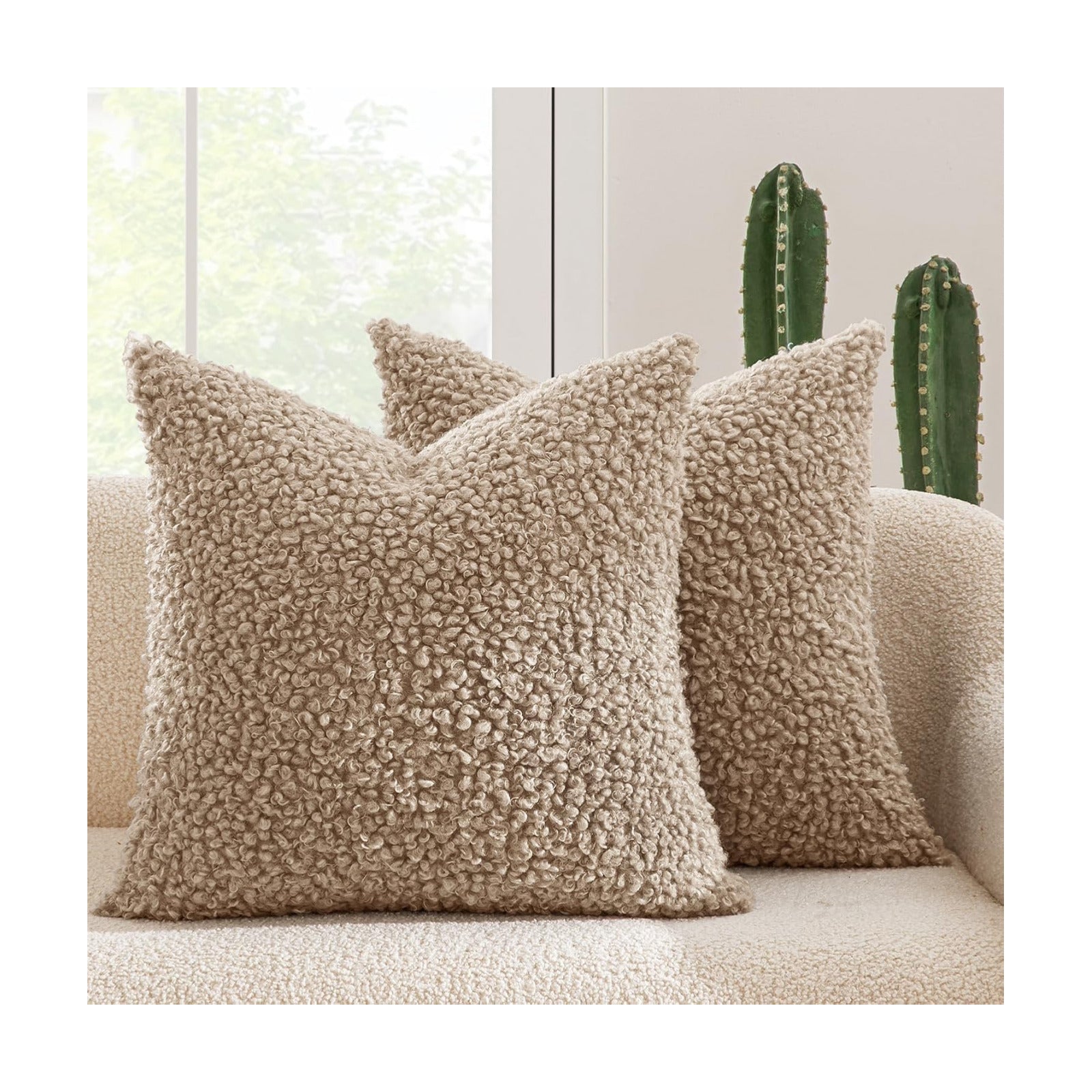 Throw Pillow Covers Faux Fur Decorative Sherpa Pillow Covers / 18 x 18 / Light Camel / Set of 2