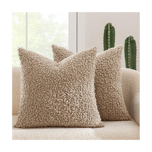 Throw Pillow Covers Faux Fur Decorative Sherpa Pillow Covers / 18 x 18 / Light Camel / Set of 2