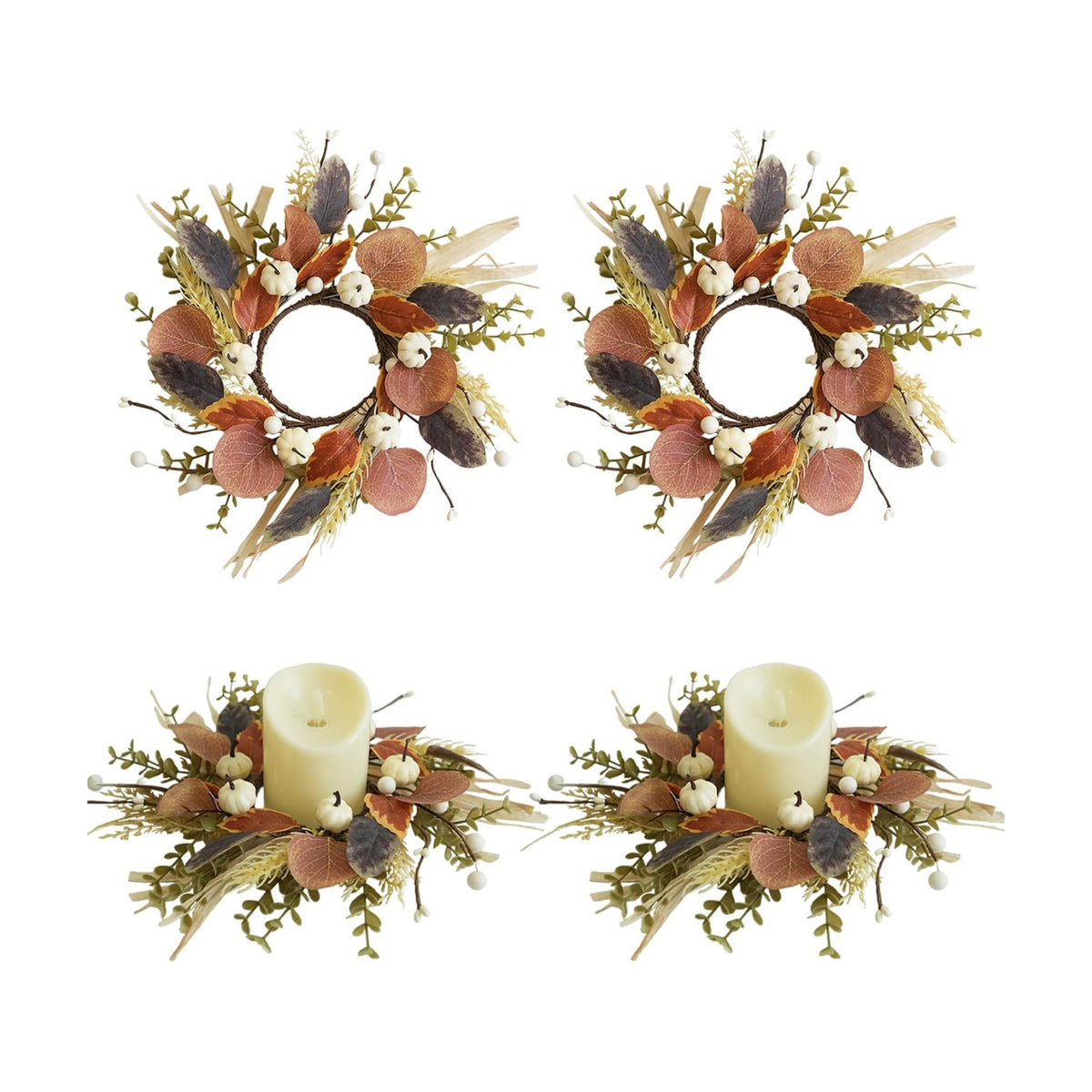 4 Pcs Fall Candle Rings 12 Inch Thanksgiving Autumn Pumpkins Wreaths