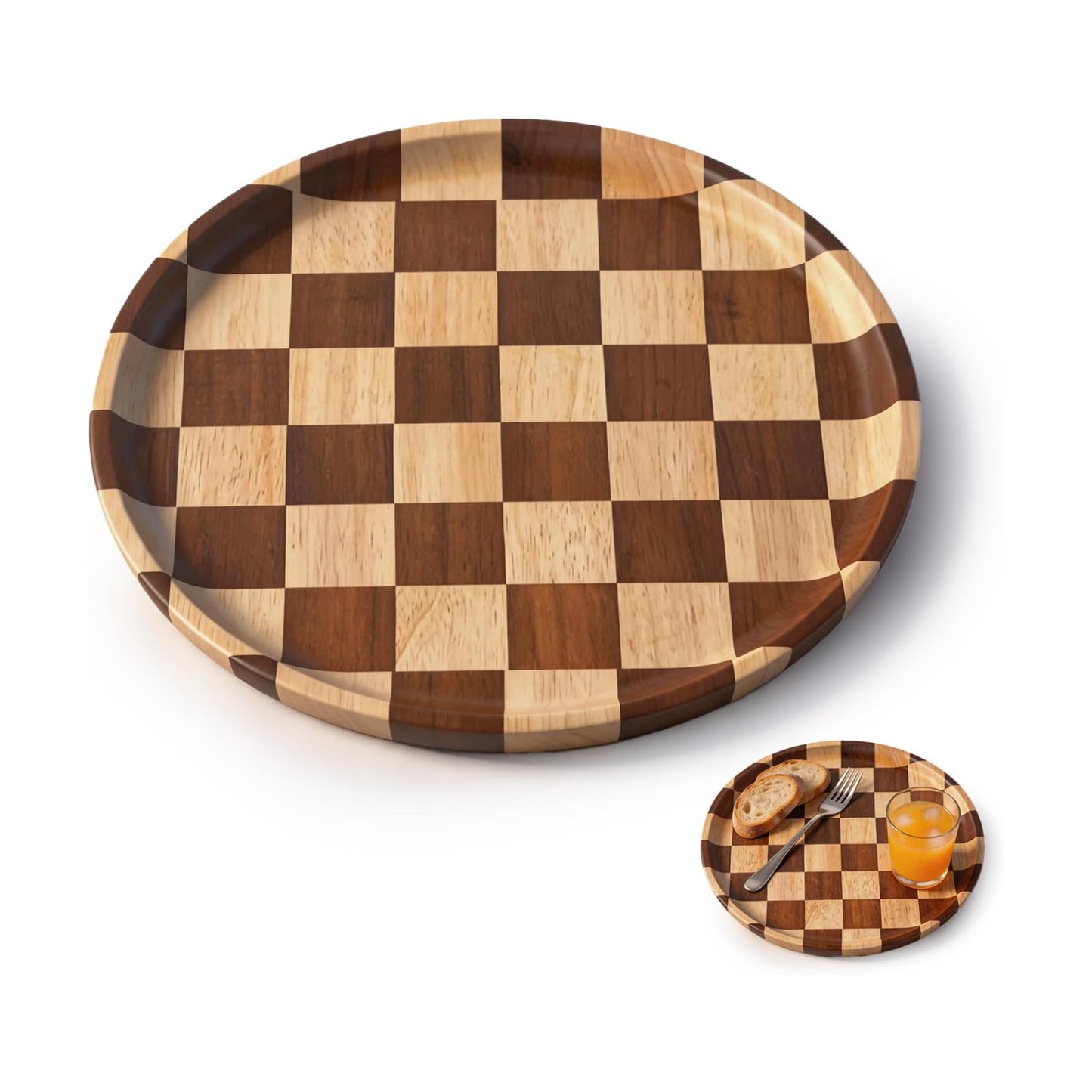 Checkered Tray Round Wooden Trays for Decor / 11 Inch