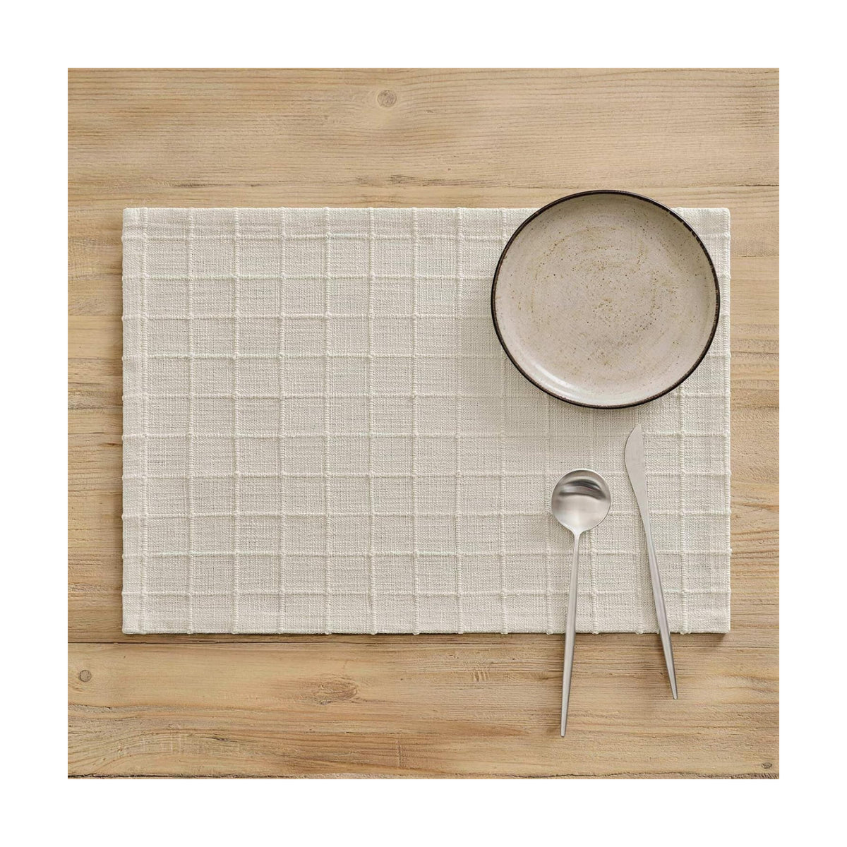 Artisanal Grid Decorative Linen Placemats Set of 6, Ivory | Thick Heavy Textured Washed Linen Place Mats 13×19in
