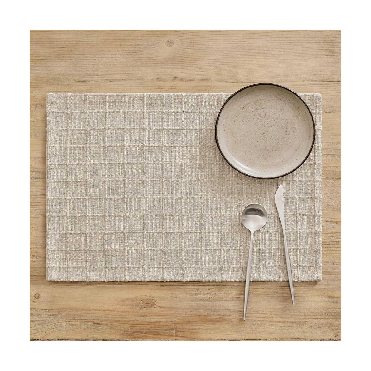 Artisanal Grid Decorative Linen Placemats Set of 6, Neutral Beige | Thick Heavy Textured Washed Linen Place Mats