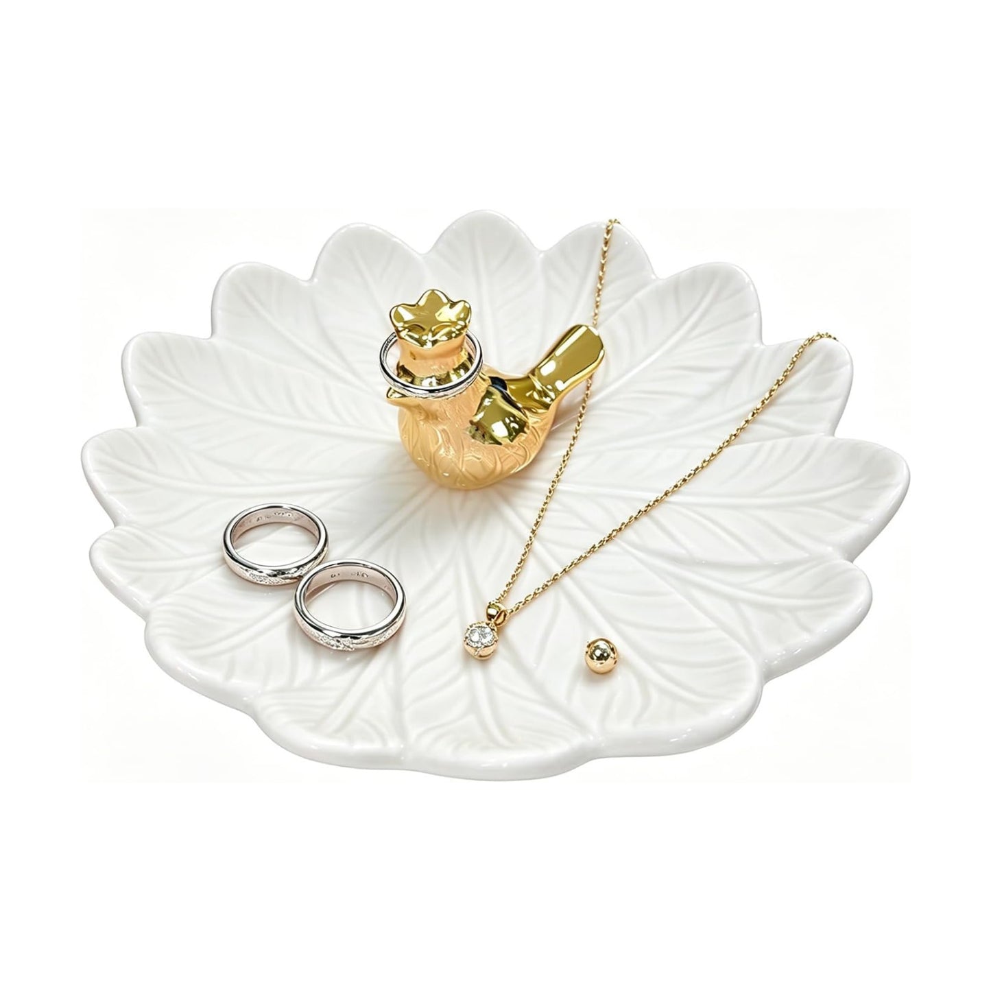 Golden Bird Ceramic Ring Holder Dish for Women / White