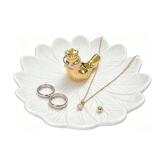 Golden Bird Ceramic Ring Holder Dish for Women / White
