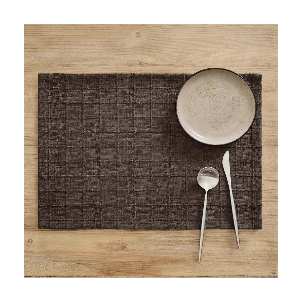 Artisanal Grid Decorative Linen Placemats Set of 6, Chocolate | Thick Heavy Textured Washed Linen Place Mats 13×19in