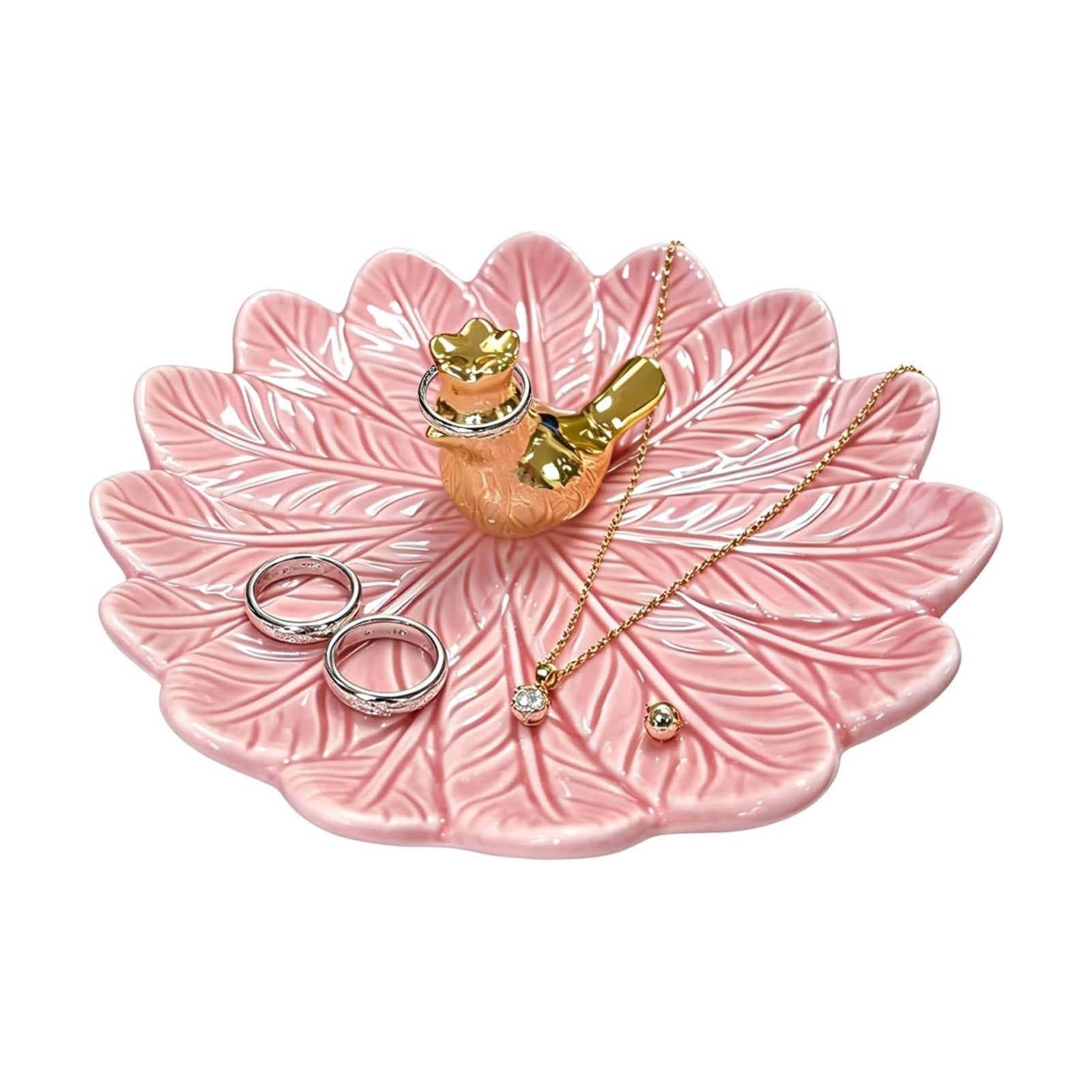 Golden Bird Ceramic Ring Holder Dish for Women / Pink