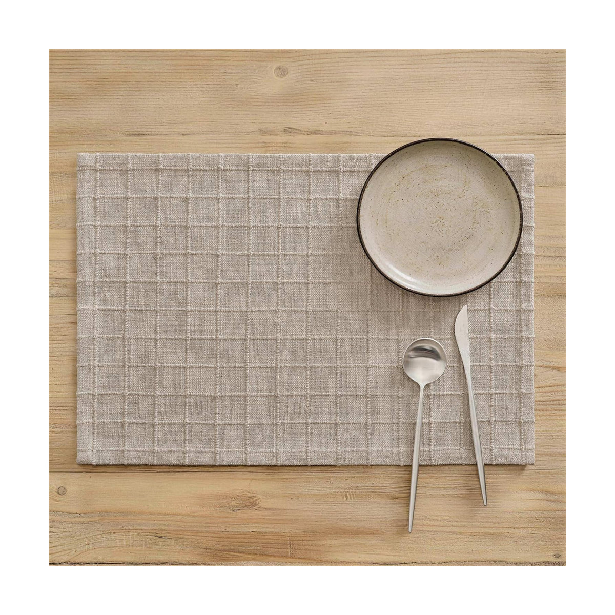 Artisanal Grid Decorative Linen Placemats Set of 6, Oatmeal | Thick Heavy Textured Washed Linen Place Mats 13×19in