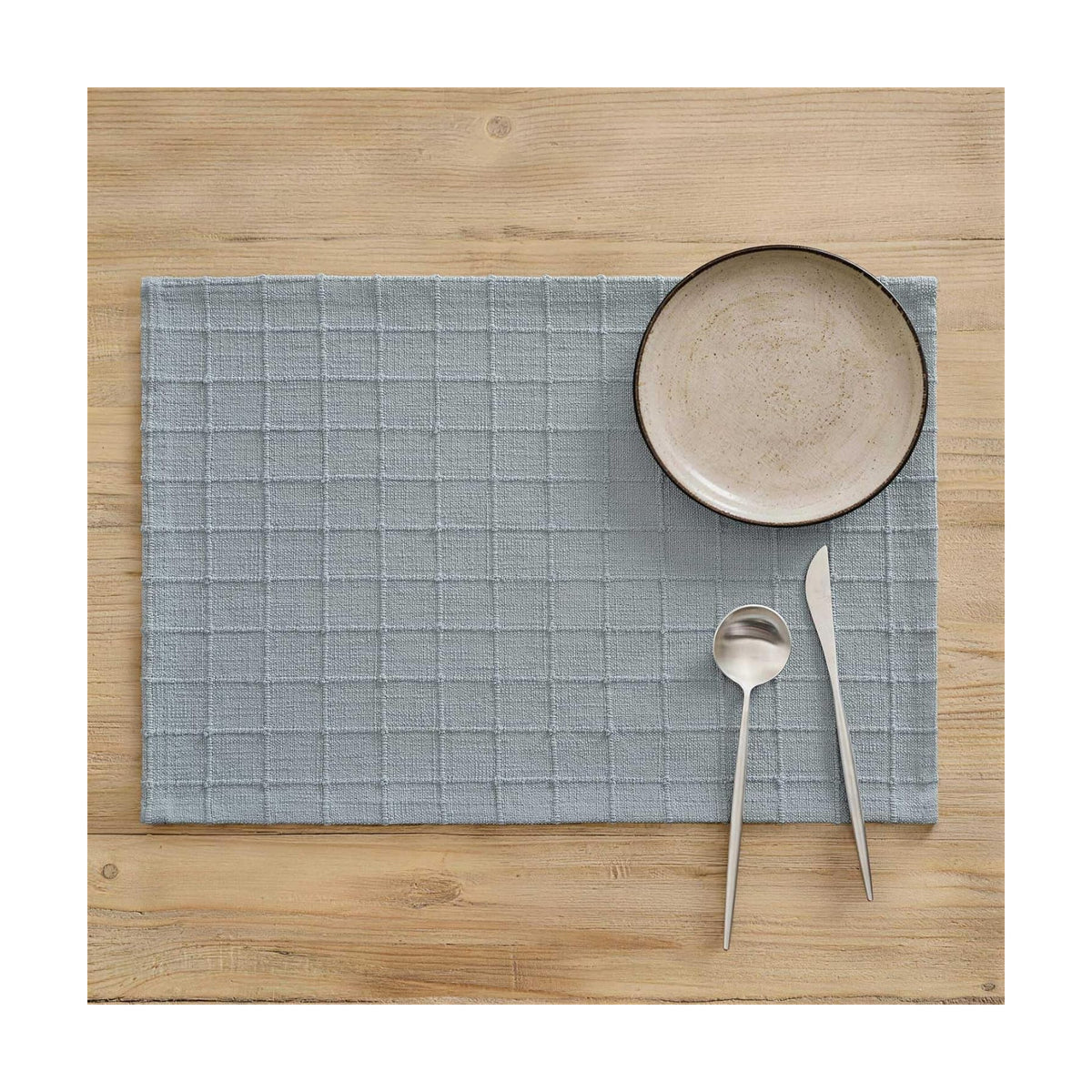 Artisanal Grid Decorative Linen Placemats Set of 6, Chambray | Thick Heavy Textured Washed Linen Place Mats 13×19in
