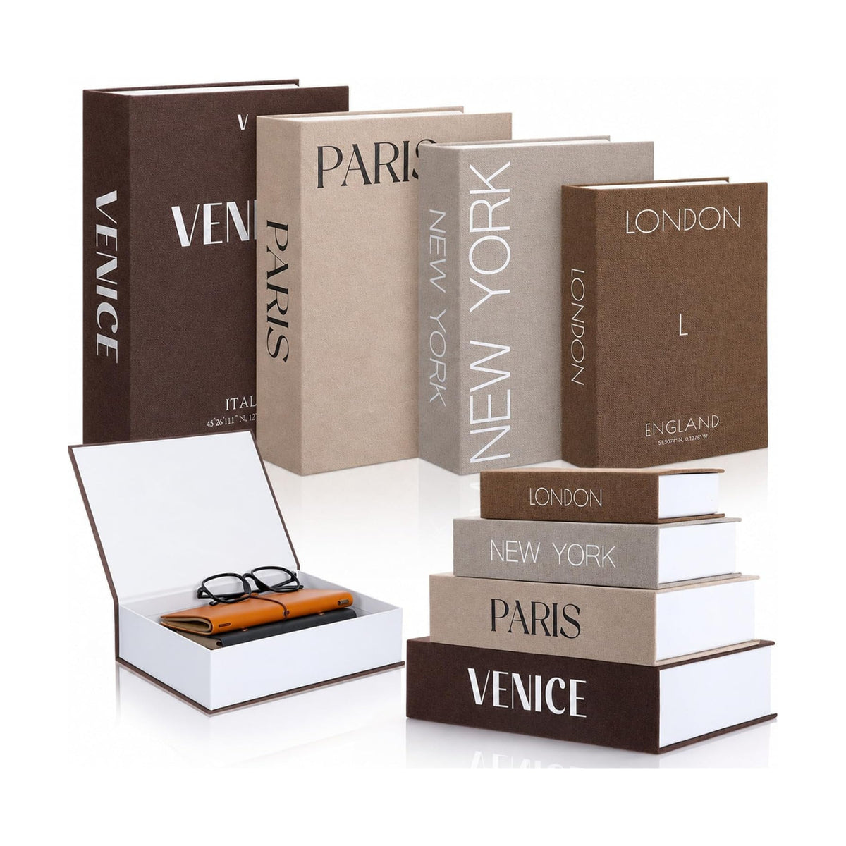Sabary Set of 4 Books Decorative Boxes Faux Books Stacked for Coffee Tables Modern Home Bookshelves DIY Crafts Decoration(Retro,Modern Metropolis)