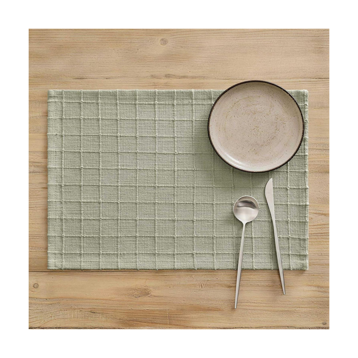 Artisanal Grid Decorative Linen Placemats Set of 6, Seeding Green | Thick Heavy Textured Washed Linen Place Mats