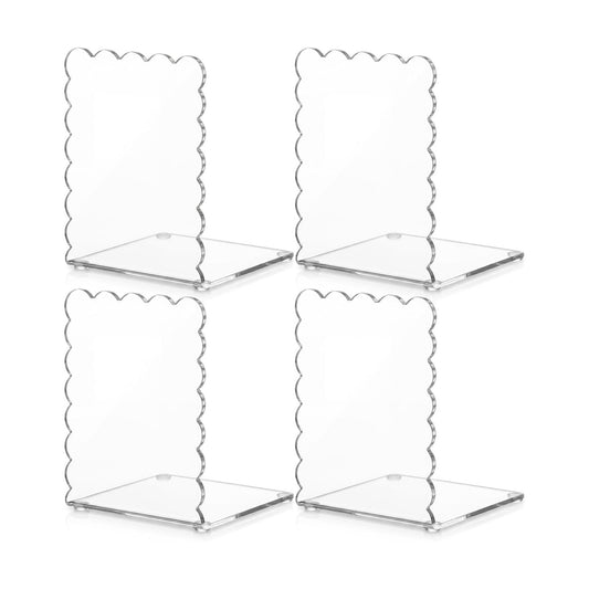 Scalloped Acrylic Bookends Book Ends for Shelve Transparent Bookend Organizer / Clear / Set of 4