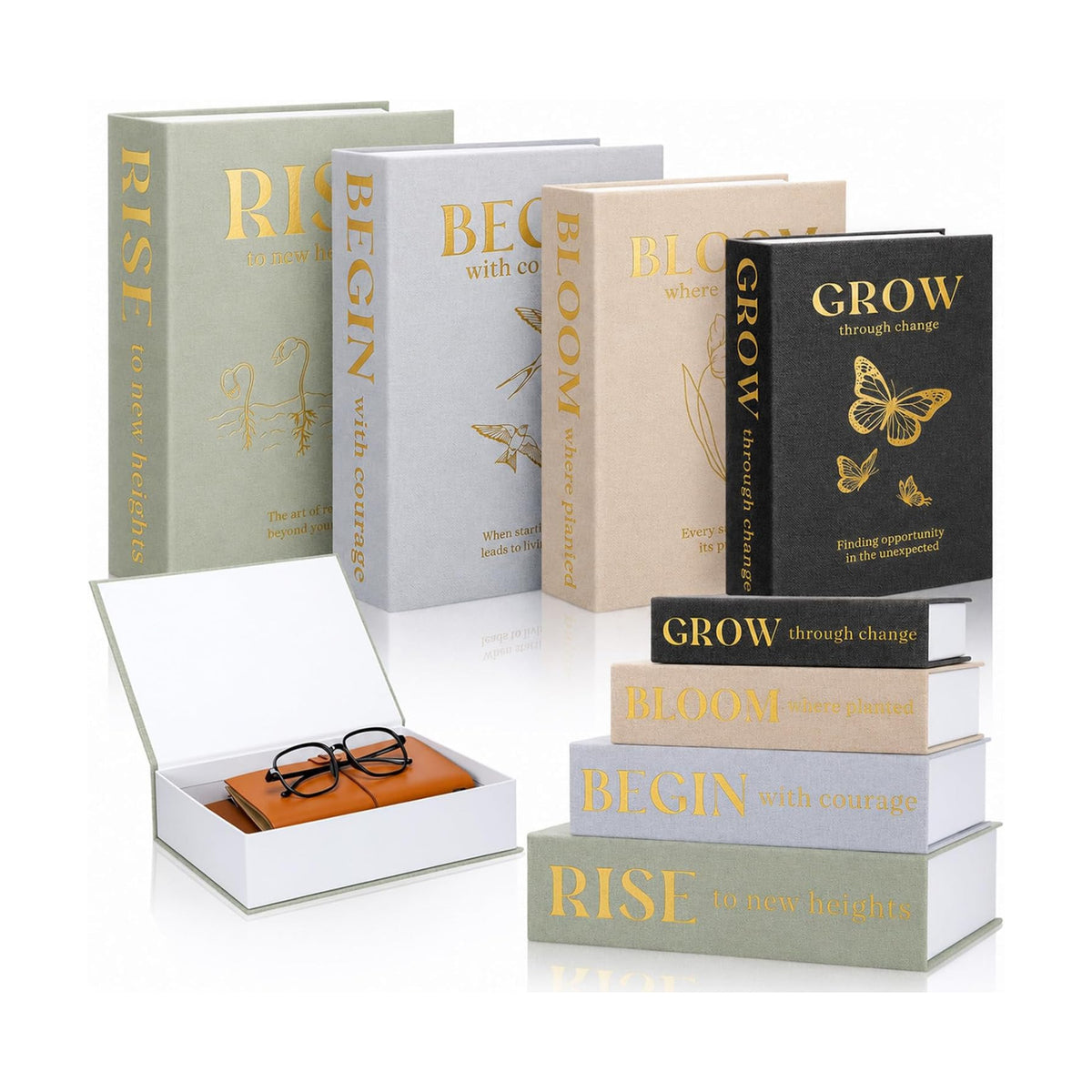 Sabary Set of 4 Books Decorative Boxes Faux Books Stacked for Coffee Tables Modern Home Bookshelves DIY Crafts Decoration (Elegant,Inspirational Themes)