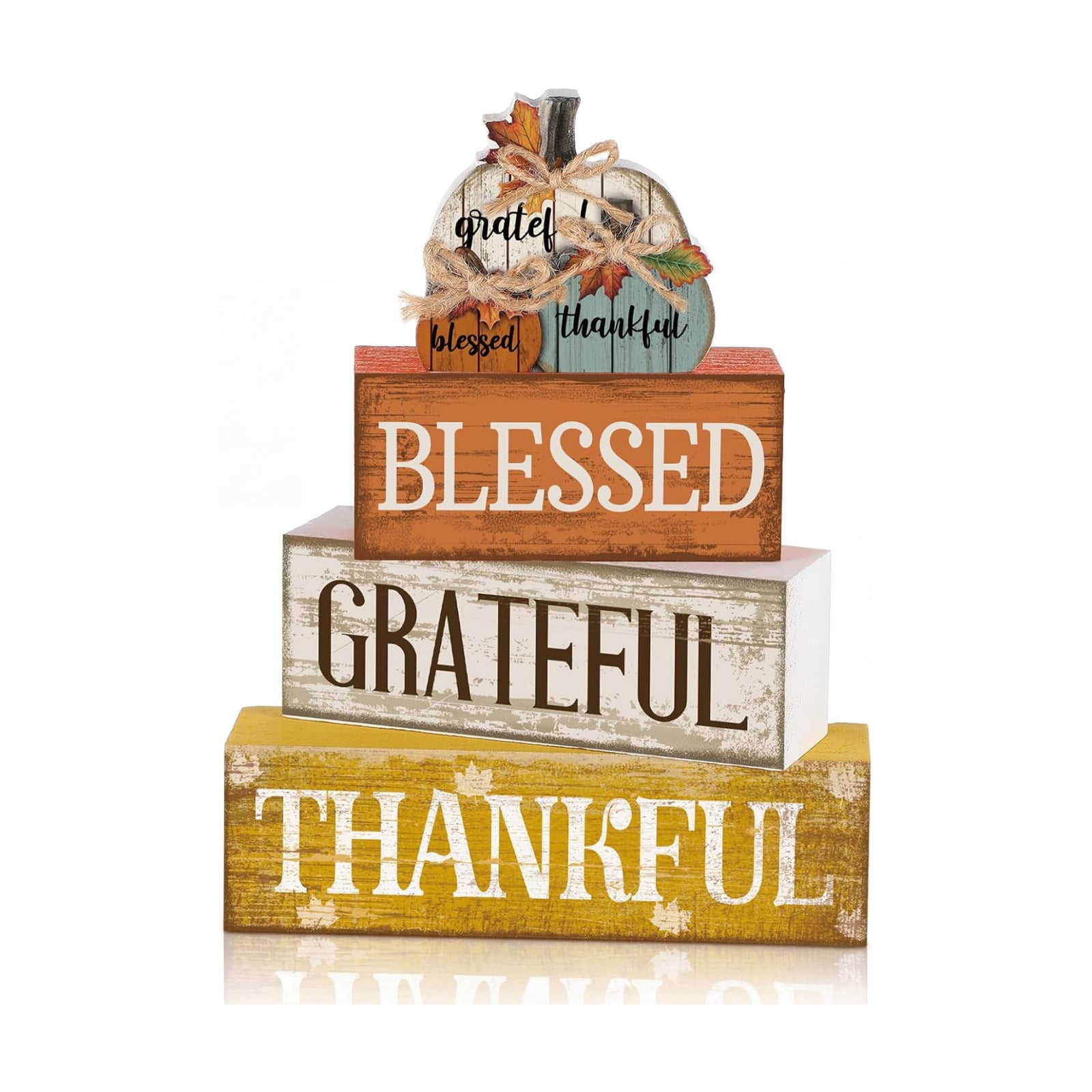 Lineshading 4 Pcs Stacked Pumpkin Block Signs, Fall Thanksgiving Decor