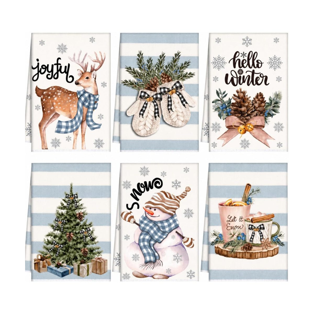 Sratte 6 Pcs Christmas Kitchen Towels Dusty Blue Strip Winter Dish Towels