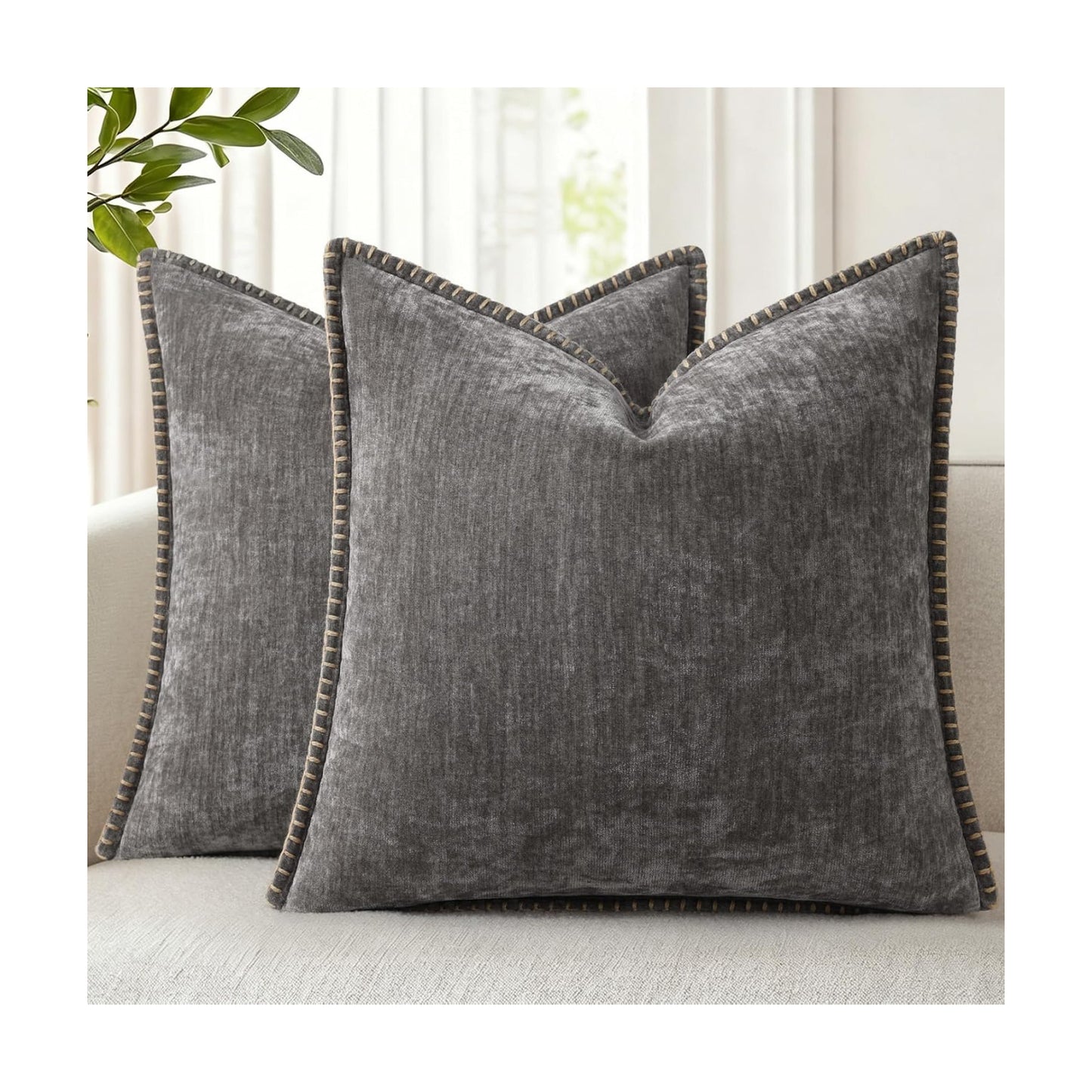 Fall Chenille Soft Throw Pillow Covers / Dark Grey / 18 x 18 / Set of 2