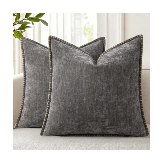 Fall Chenille Soft Throw Pillow Covers / Dark Grey / 18 x 18 / Set of 2