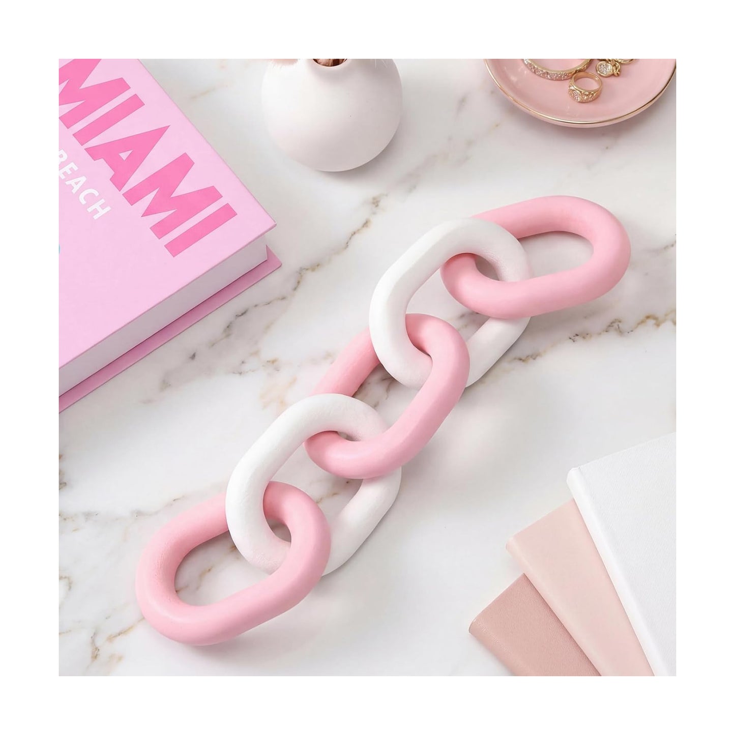 Decorative Wood Chain Link Decor Rustic 5 Link Wooden Chain Ornament / Pink White / 13.78 Inch