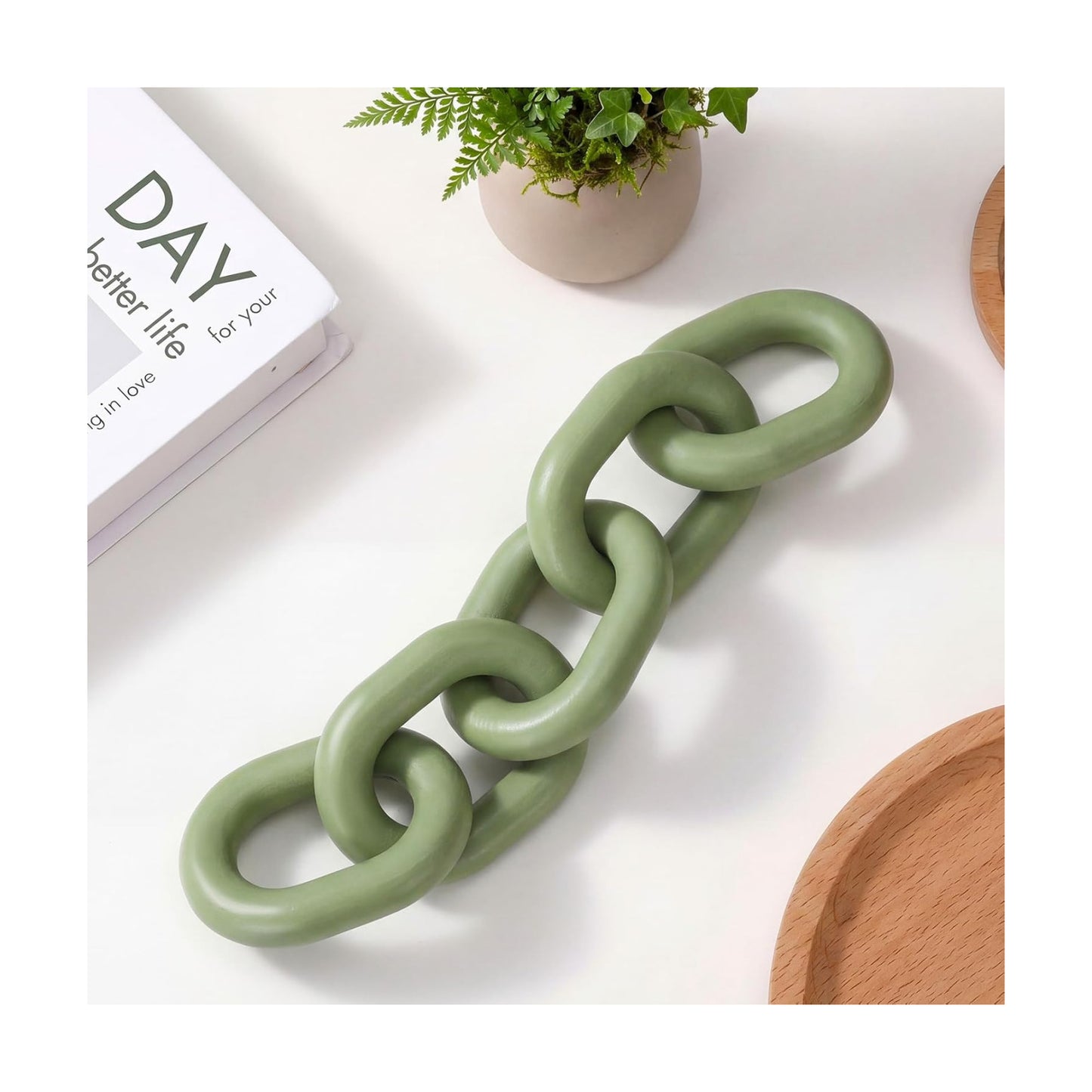 Decorative Wood Chain Link Decor Rustic 5 Link Wooden Chain Ornament Farmhouse / Green / 13.78 Inch