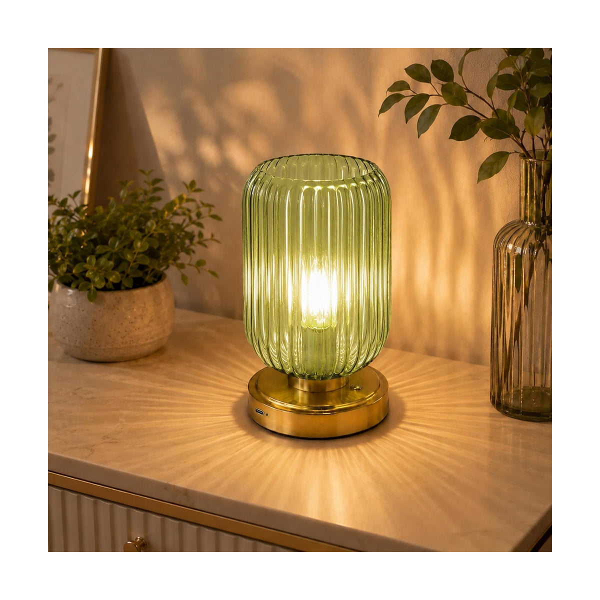 Cordless Glass Table Lamp, 3 Color Modes & Stepless Dimming, Green | 7500mAh Rechargeable Battery Powered LED Desk