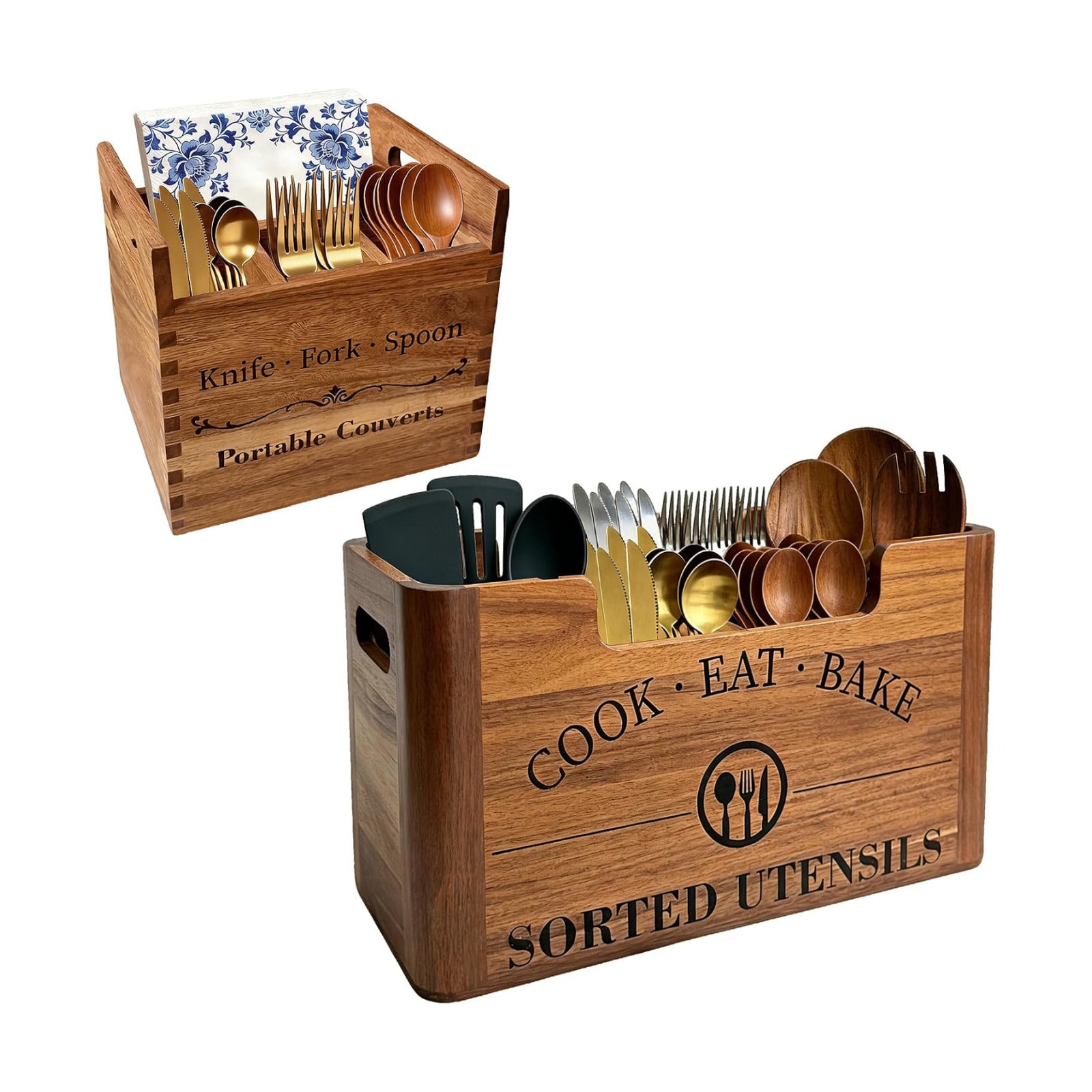 2-in-1 Acacia Wood Kitchen Utensil Holder with Removable Caddy | Farmhouse Kitchen Utensil Holder for Countertop