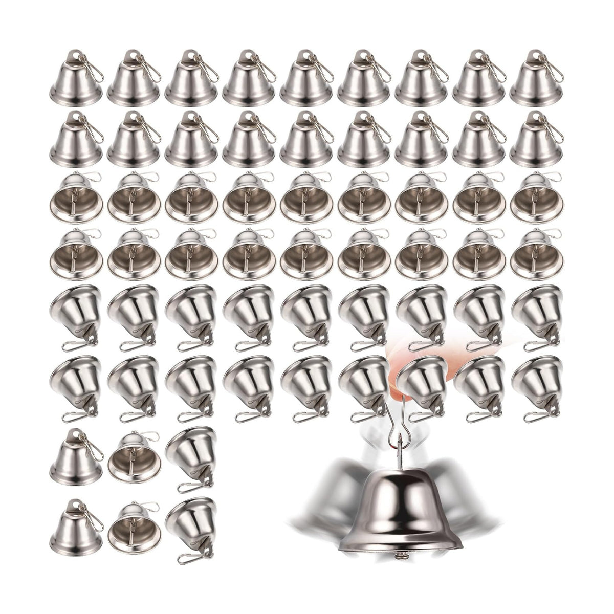 Gejoy 120 Pieces Small Brass Bells with Spring Hooks,Silver | Vintage Mini for Wind Chimes, Dog Training Doorbell