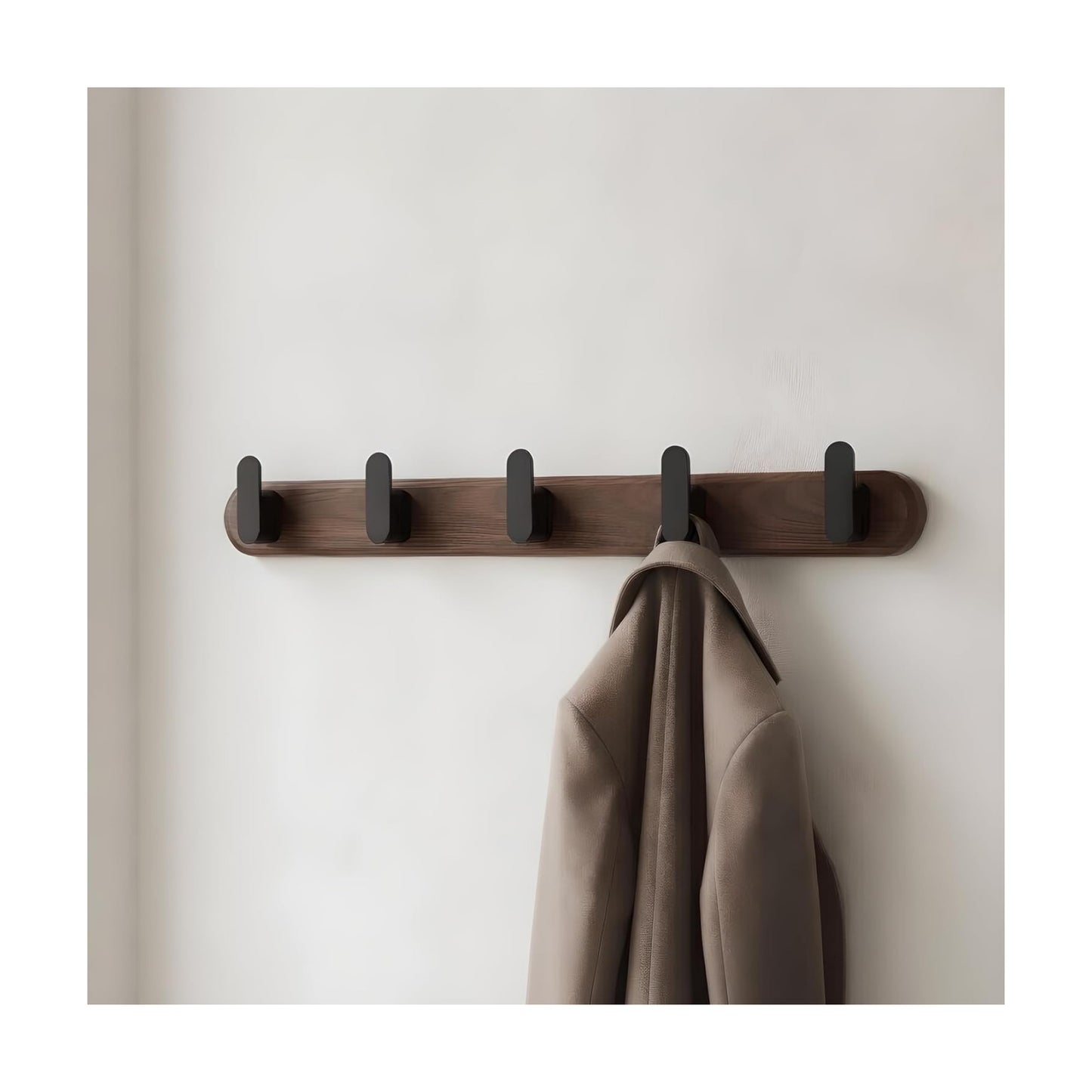 Jugen Coat Rack Wall Mount – Solid Black Walnut with 5 Heavy Duty Matte Black Hooks, Wooden Wall Coat Rack for