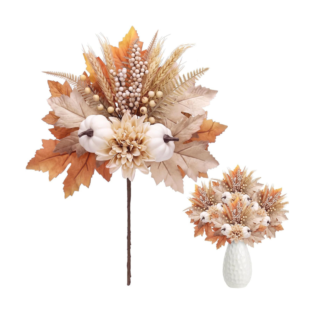 Yinder 4 Pcs Fall Artificial Pumpkin Flower Stems, Brown Maple Leaf Picks