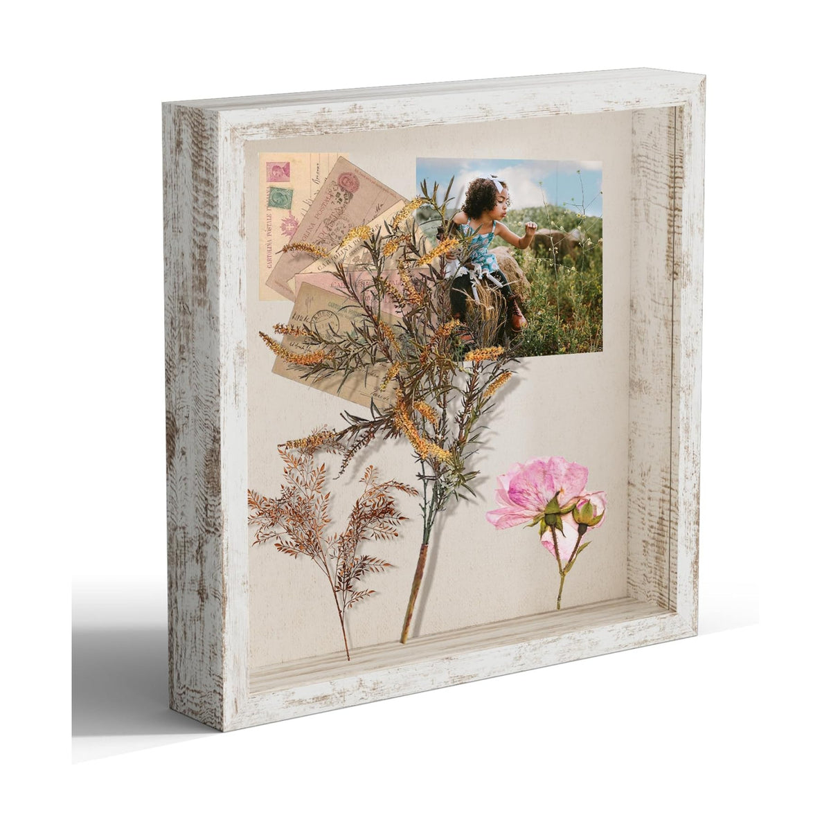 11x11 Shadow Box Picture Frame Display Case with Soft Linen Back, Distressed White Wooden Memory Shadow Box Frame with