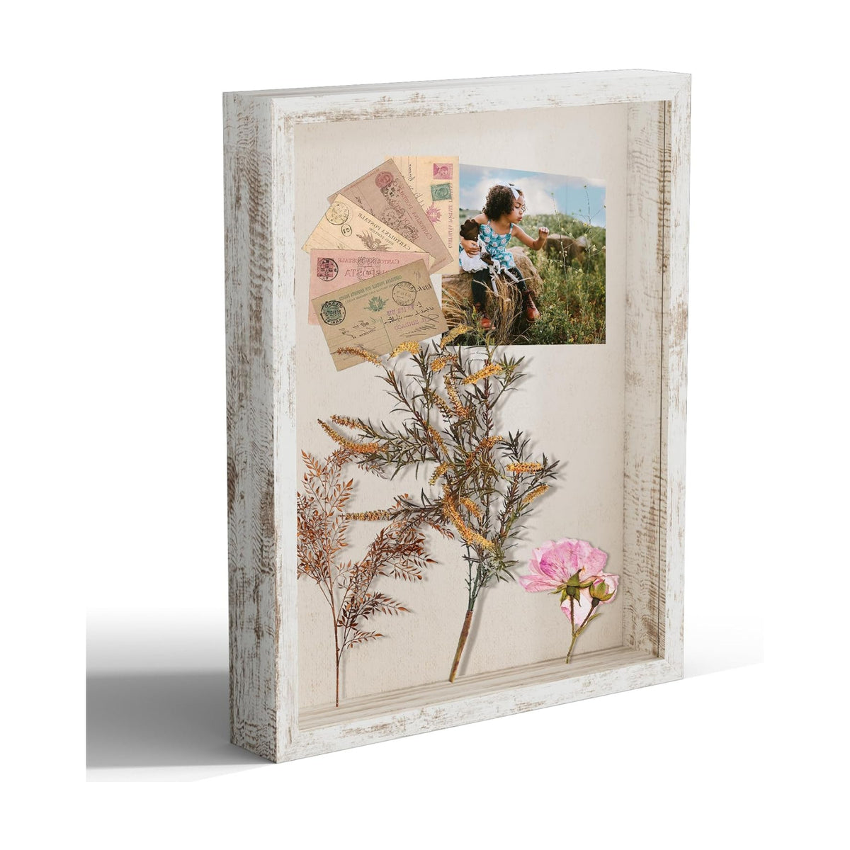 11x14 Shadow Box Picture Frame Display Case with Soft Linen Back, Distressed White Wooden Memory Shadow Box Frame with
