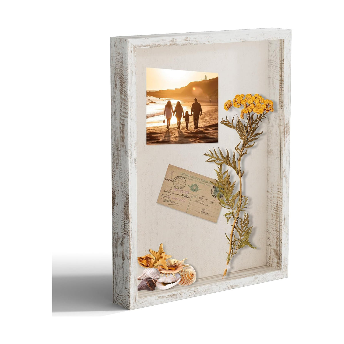 12x16 Large Shadow Box Picture Frame Display Case with Soft Linen Back, Distressed White Wooden Memory Shadow Box Frame